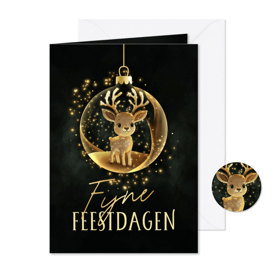 Kerstkaart sprankelend hert in kerstbal fijne feestdagen - Kaartimpressie