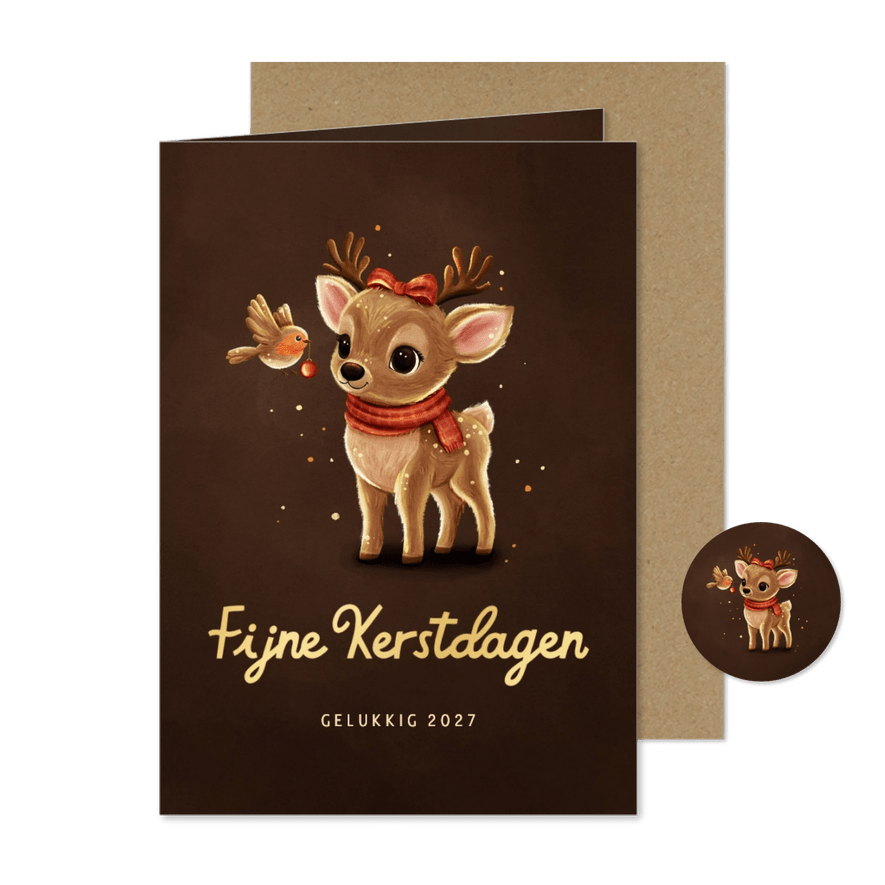 Kerstkaart sprankelend hert met roodborstje fijne kerstdagen - Kaartimpressie
