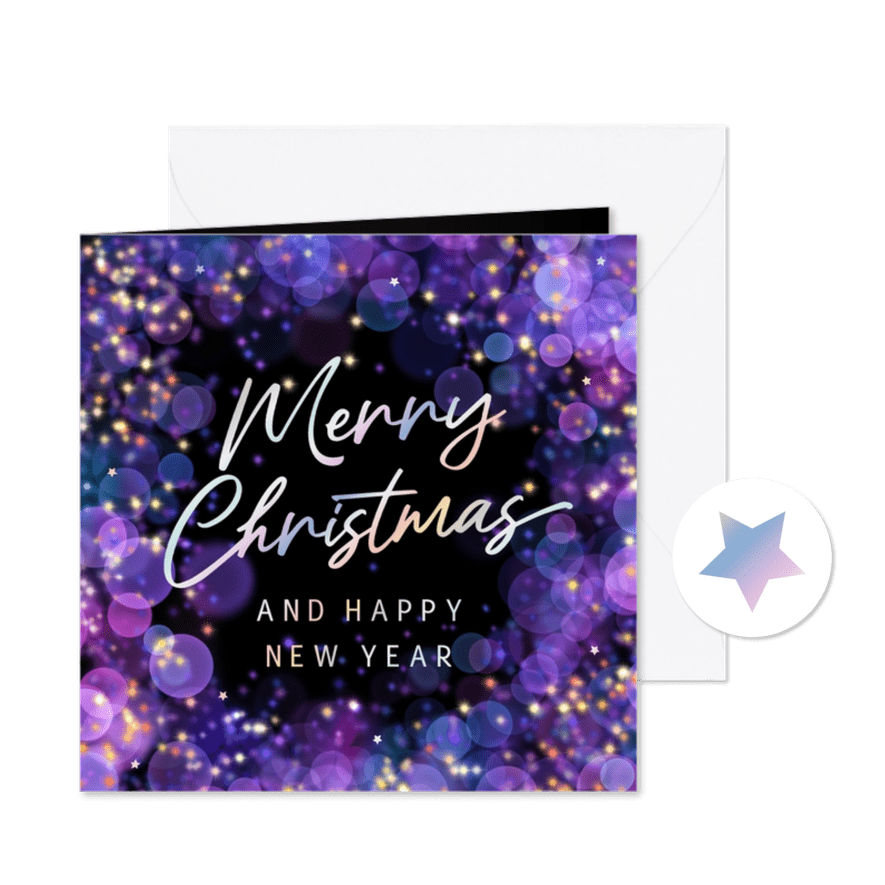 Kerstkaart sprankelend merry christmas happy new year paars - Kaartimpressie