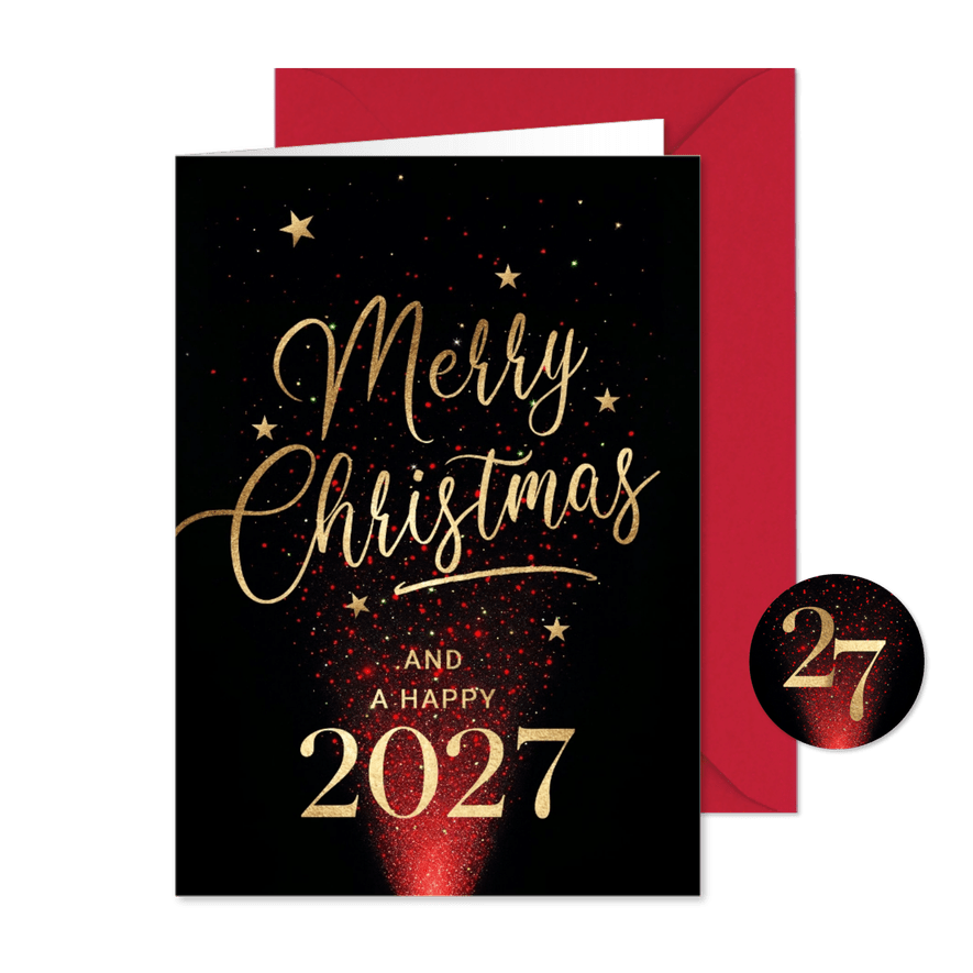 Kerstkaart sprankelend rood vuurwerk 2027 - Kaartimpressie