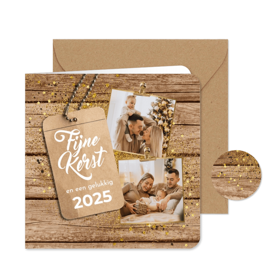 Kerstkaart sprankelend stoer hout goud confetti foto label - Kaartimpressie