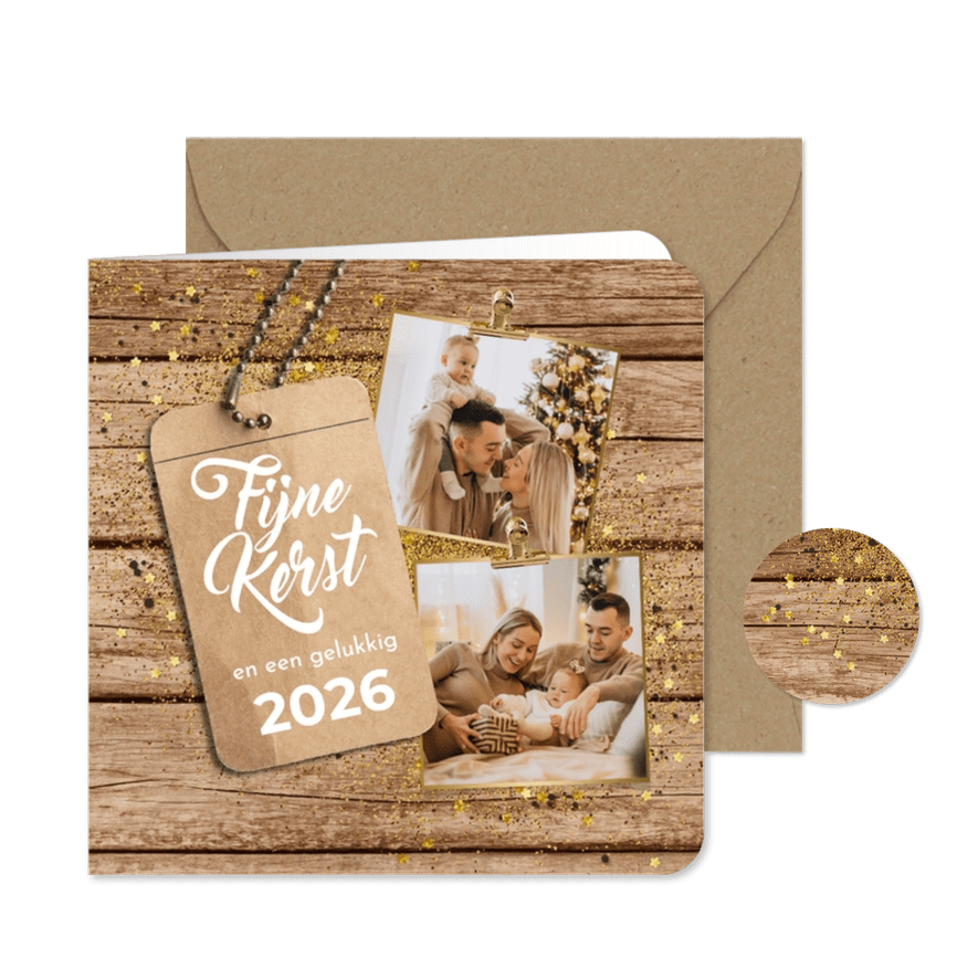 Kerstkaart sprankelend stoer hout goud confetti foto label - Kaartimpressie