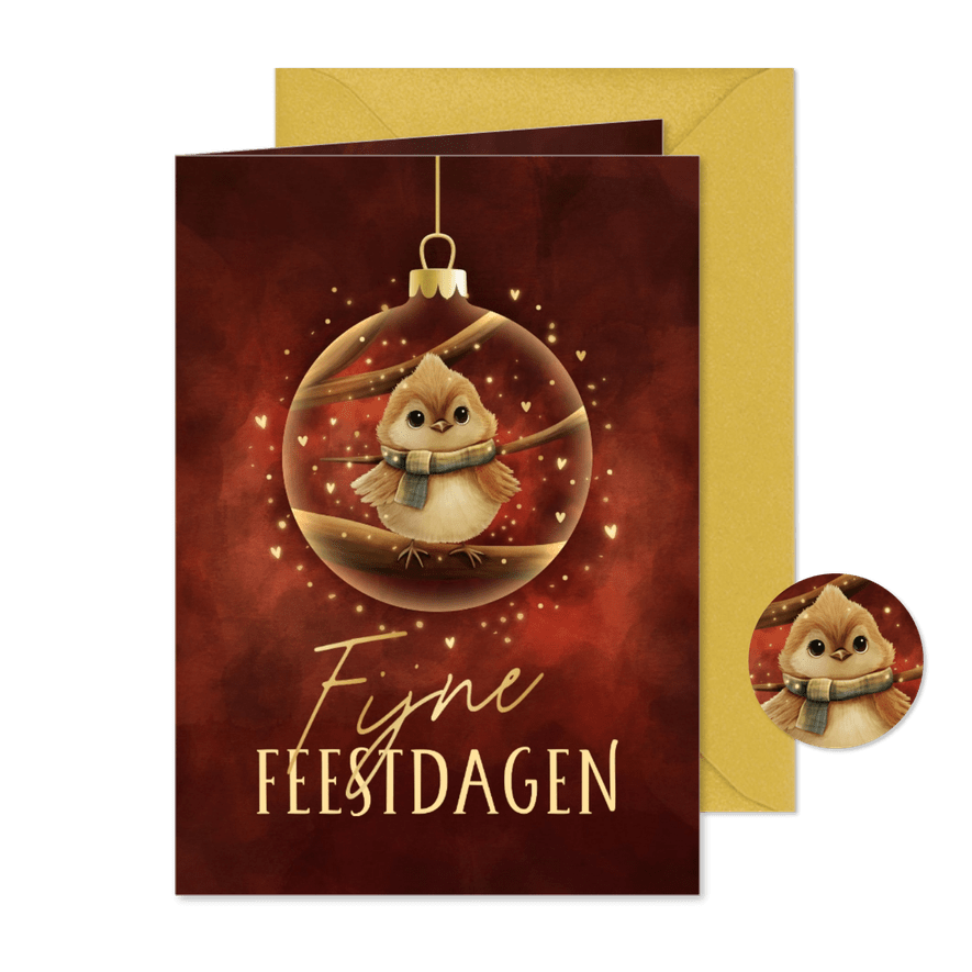 Kerstkaart sprankelend vogeltje in kerstbal fijne feestdagen - Kaartimpressie