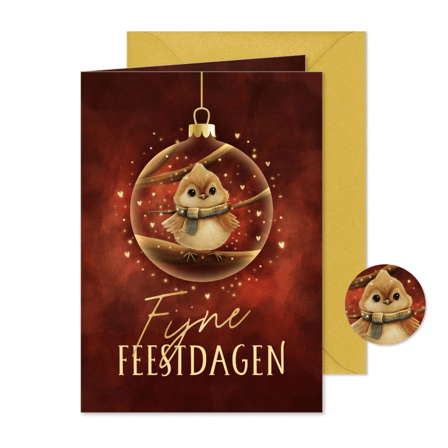 Kerstkaart sprankelend vogeltje in kerstbal fijne feestdagen - Kaartimpressie