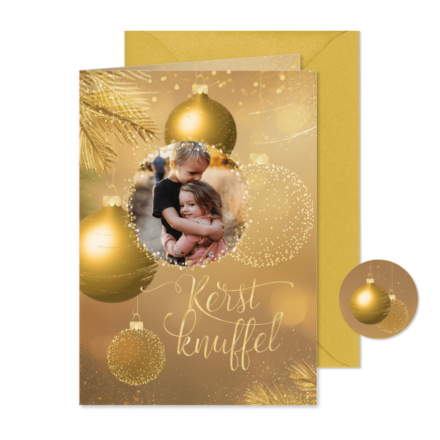 Kerstkaart sprankelende kerstknuffel goudlook 3d kerstballen - Kaartimpressie