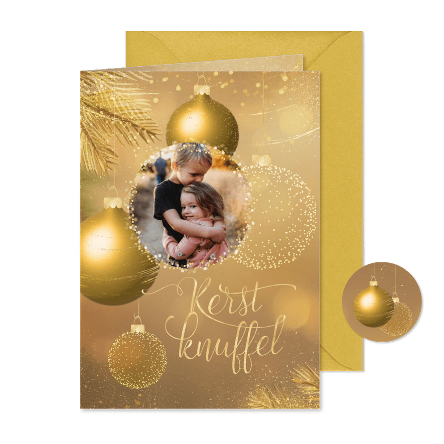 Kerstkaart sprankelende kerstknuffel goudlook 3d kerstballen - Kaartimpressie