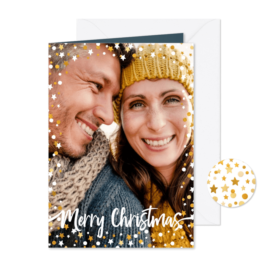 Kerstkaart staand gouden sterren met confetti en foto - Kaartimpressie
