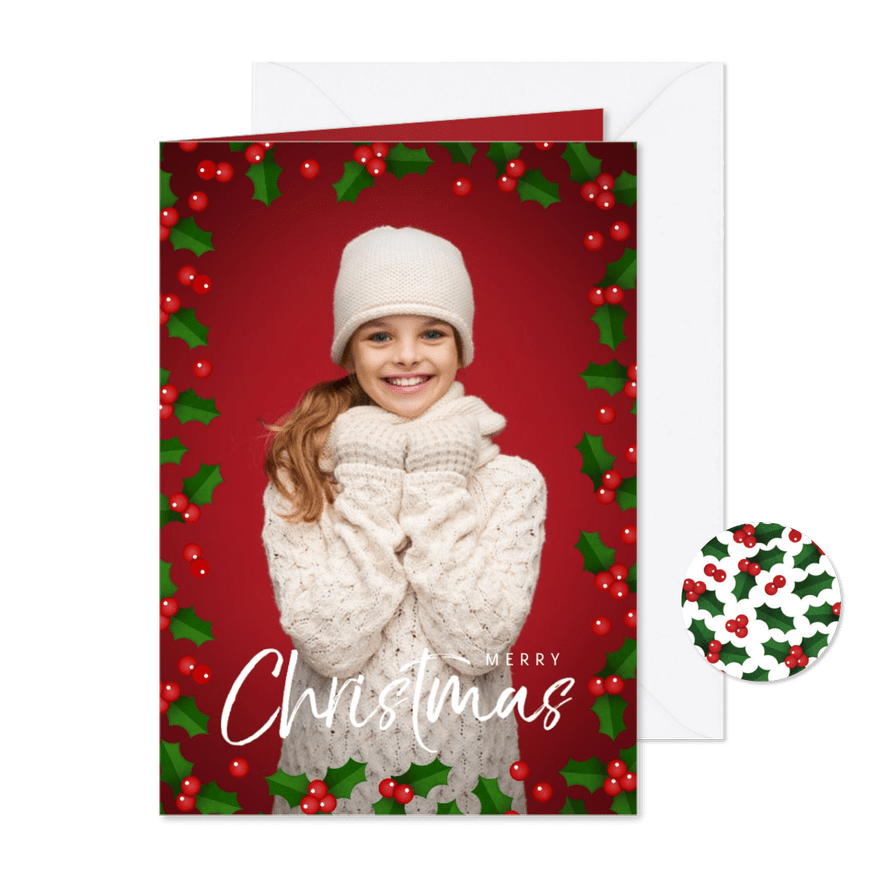 Kerstkaart staand met grote foto en hulst kader - Kaartimpressie
