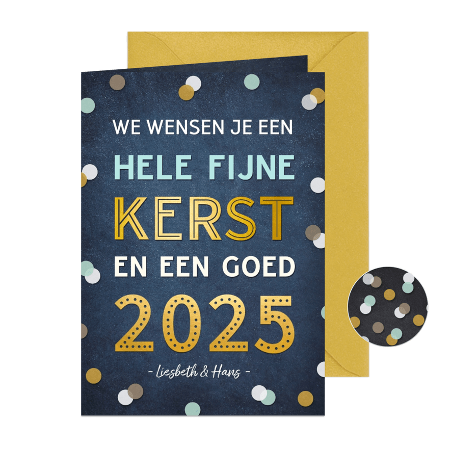  Kerstkaart staand met vrolijke gouden tekst 2025 & confetti - Kaartimpressie