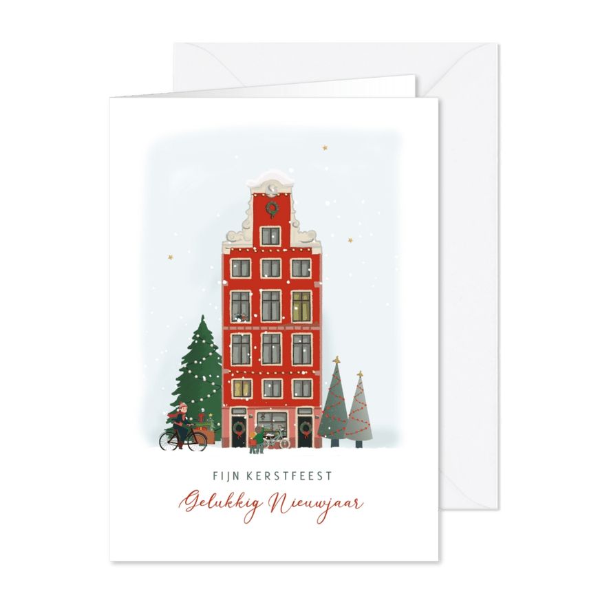 Kerstkaart stadshuis met kerstbomen - Kaartimpressie