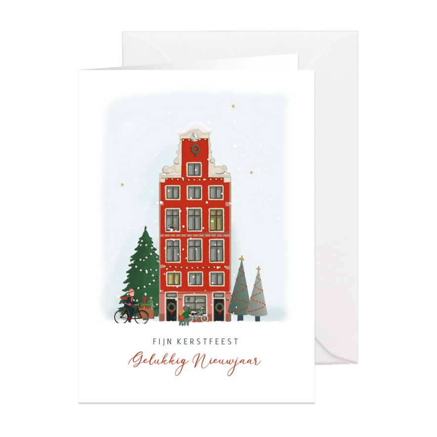 Kerstkaart stadshuis met kerstbomen - Kaartimpressie