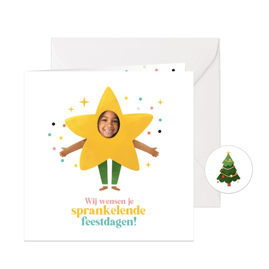 Kerstkaart ster foto kleurrijk grappig confetti kerstboom - Kaartimpressie