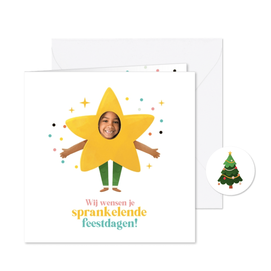 Kerstkaart ster foto kleurrijk grappig confetti kerstboom - Kaartimpressie