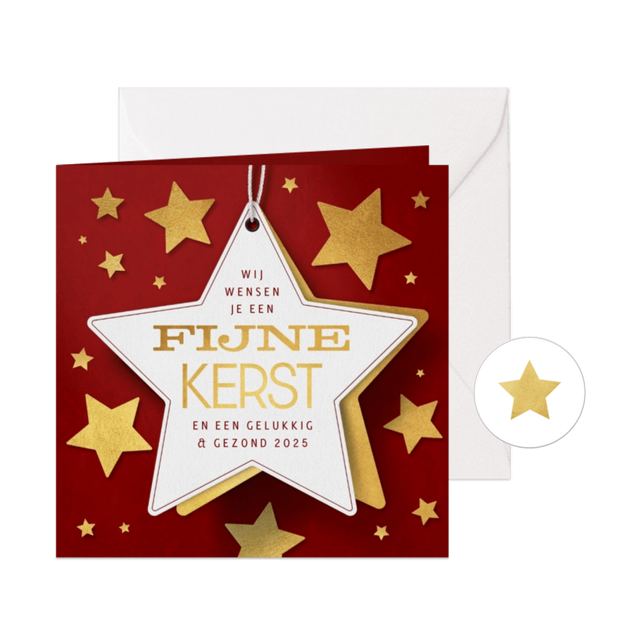 Kerstkaart ster label rood goud sterren fijne kerst - Kaartimpressie