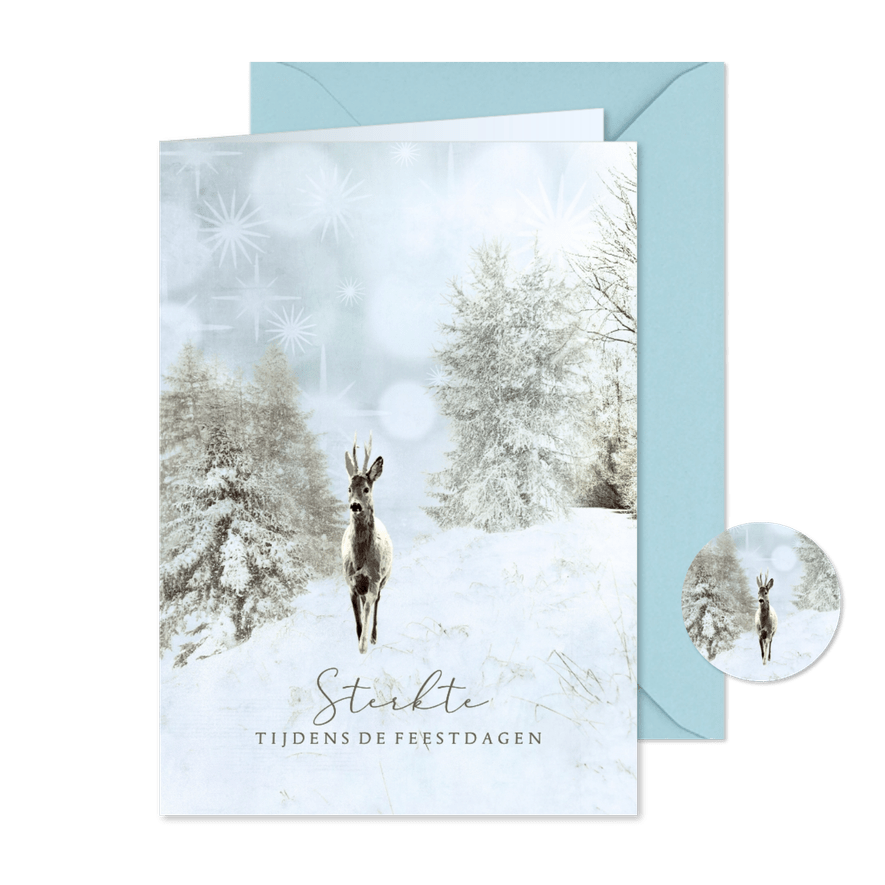Kerstkaart sterkte bos sneeuw met ree - Kaartimpressie