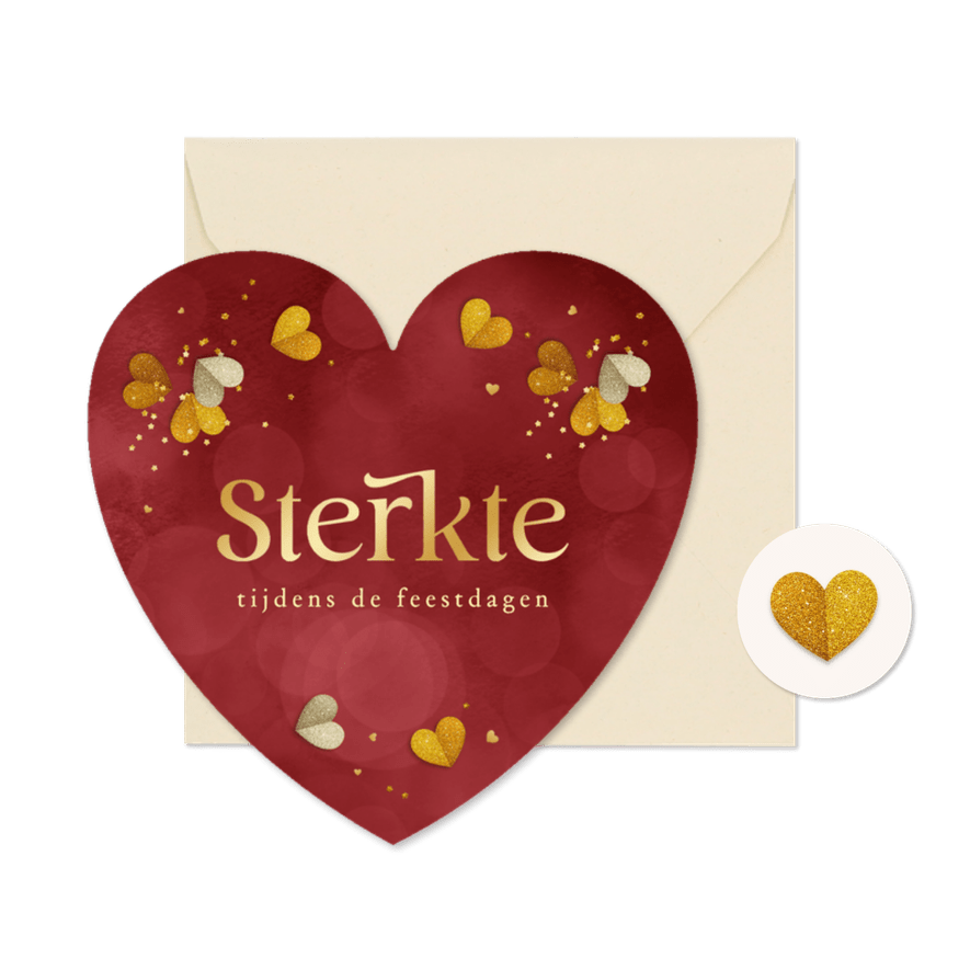 Kerstkaart sterkte tijdens de feestdagen hartvorm goud rood - Kaartimpressie