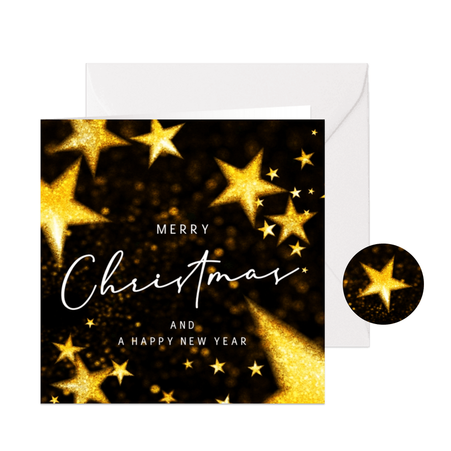 Kerstkaart sterren confetti goud glitter - Kaartimpressie