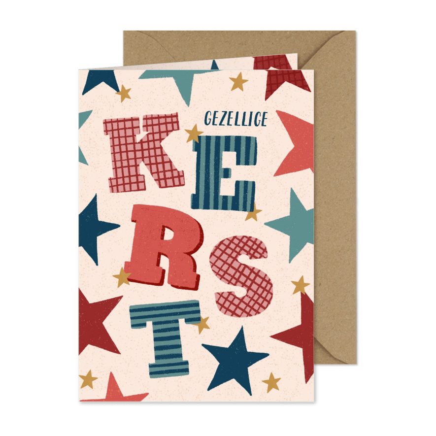 Kerstkaart sterren en letters - Kaartimpressie