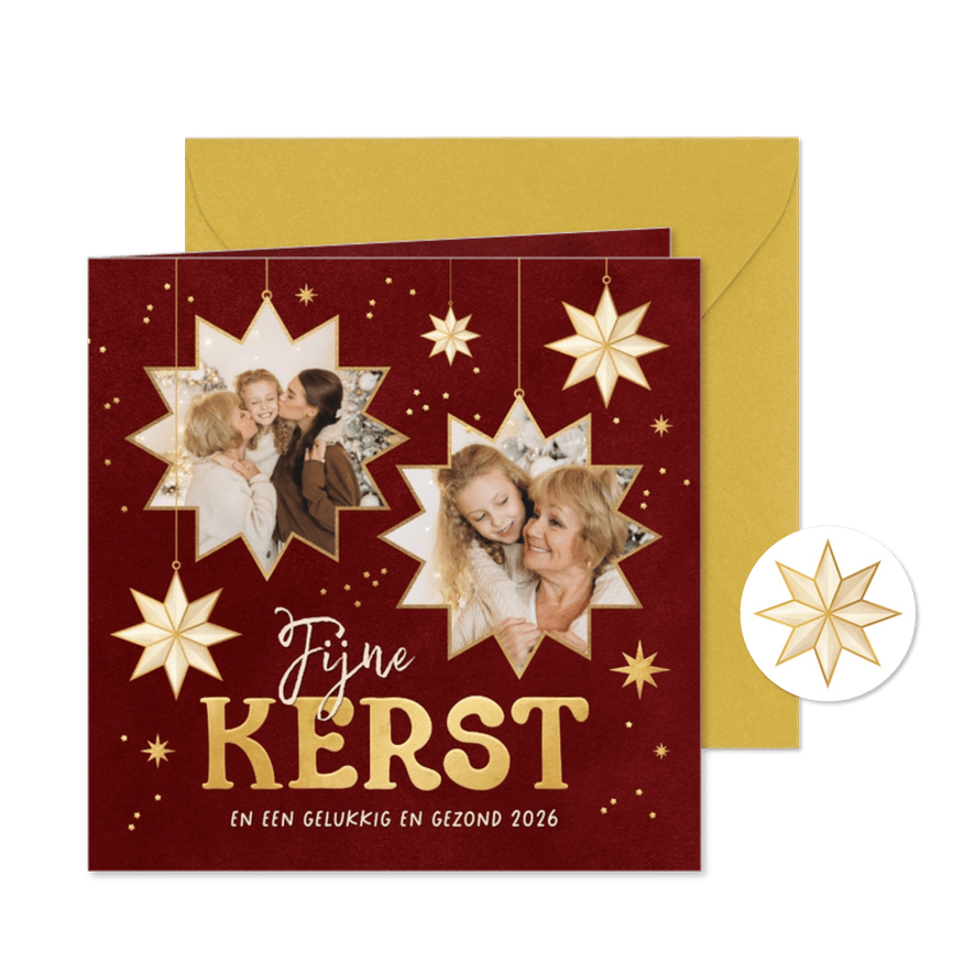 Kerstkaart sterren fotokaders sprankelend rood fijne kerst - Kaartimpressie