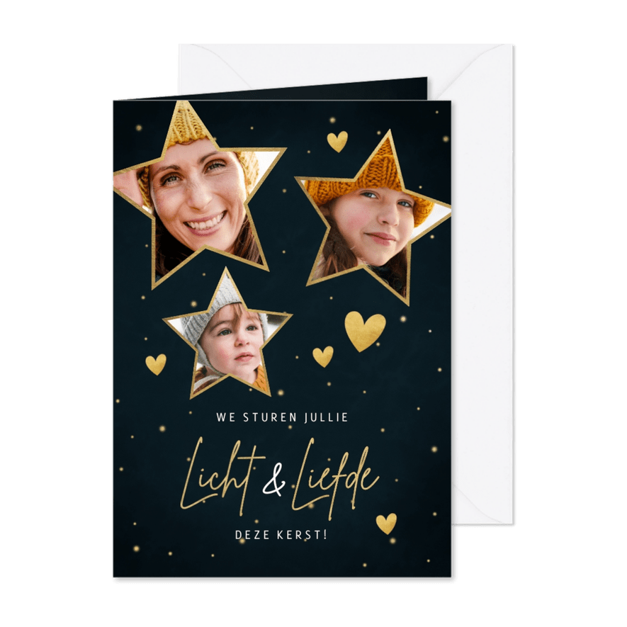 Kerstkaart sterren, foto's, hartjes en tekst liefde & licht - Kaartimpressie