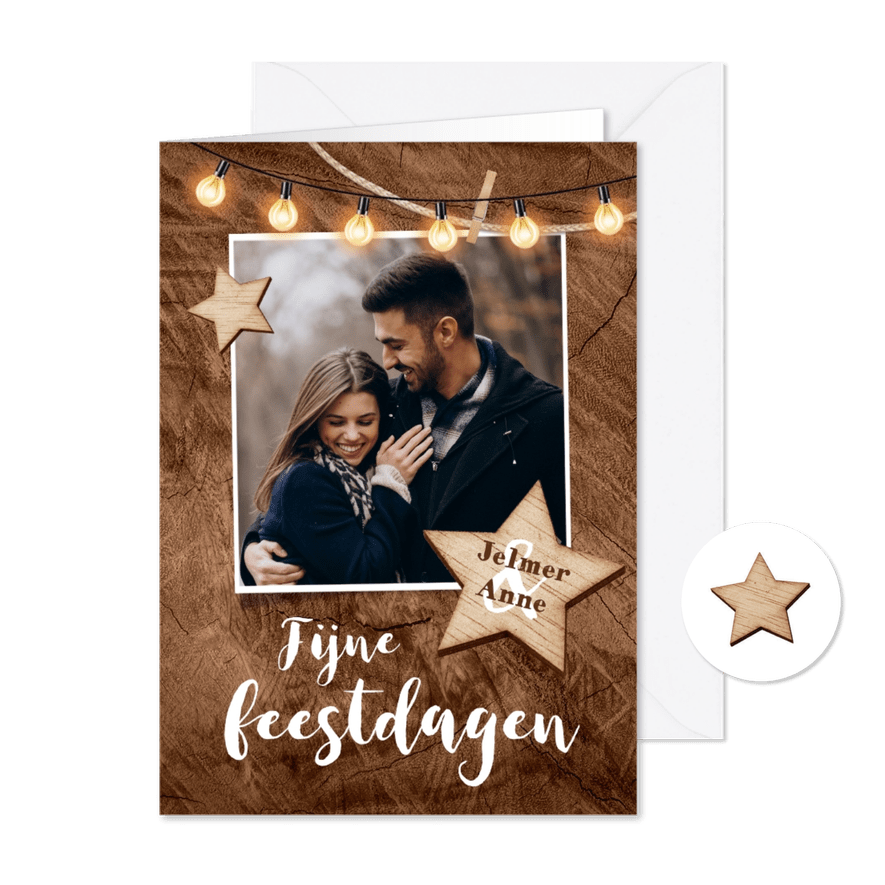 Kerstkaart sterren hout lampjes foto fijne feestdagen - Kaartimpressie