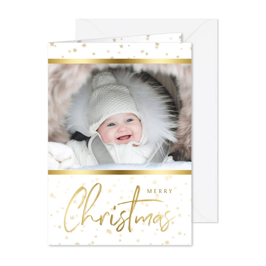 Kerstkaart sterren met gouden accent en foto - Kaartimpressie
