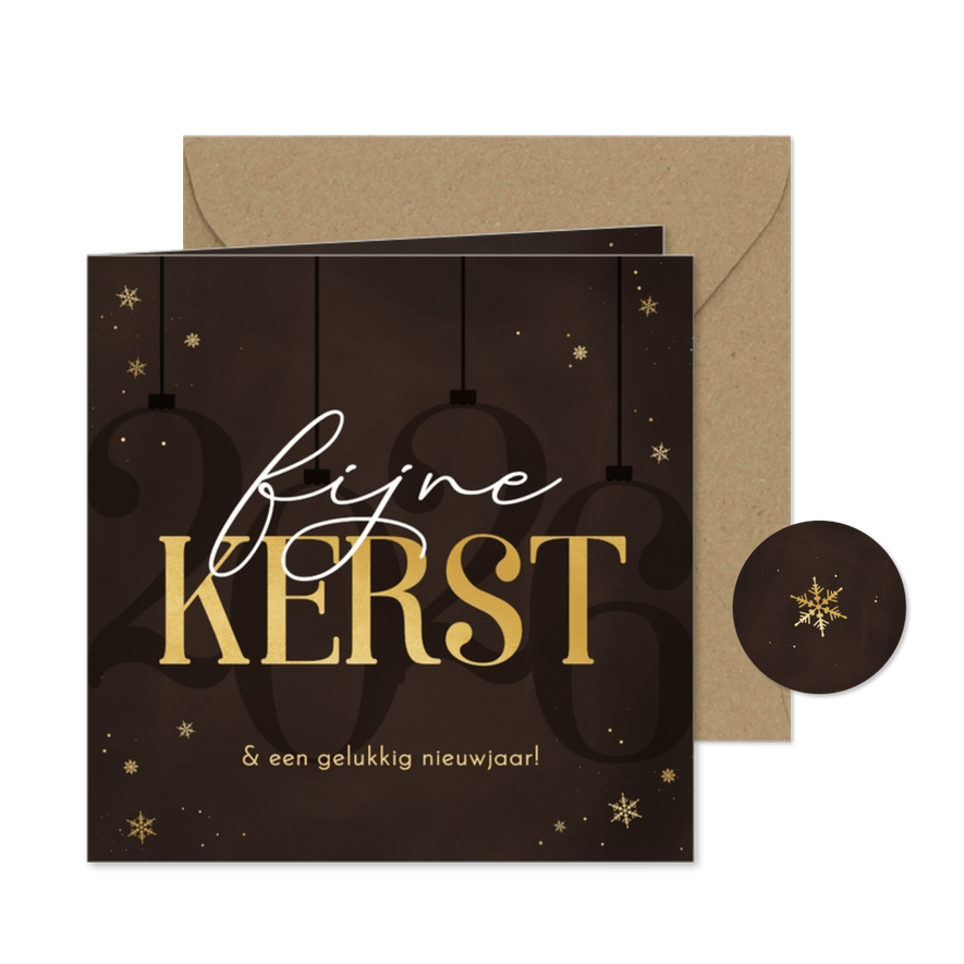 Kerstkaart stijlvol 2026 bruin met sneeuwvlokjes goud - Kaartimpressie