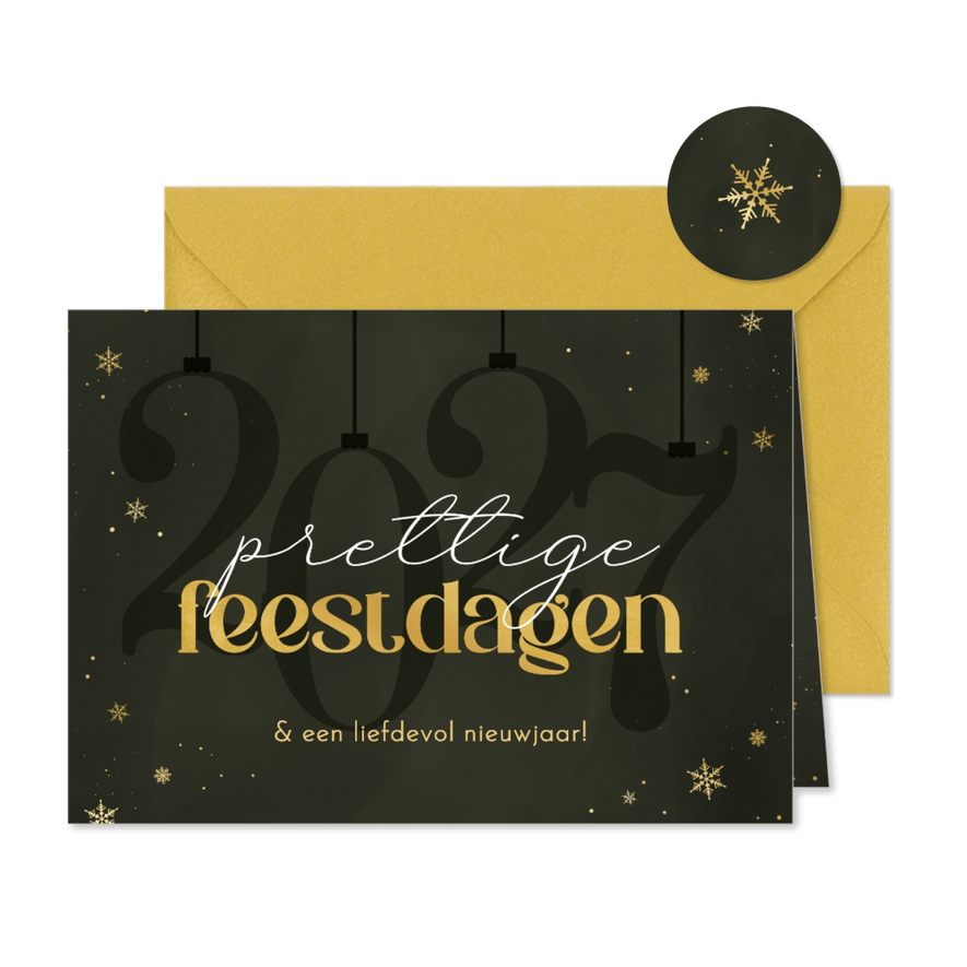 Kerstkaart stijlvol 2027 sneeuwvlokjes feestdagen goud - Kaartimpressie
