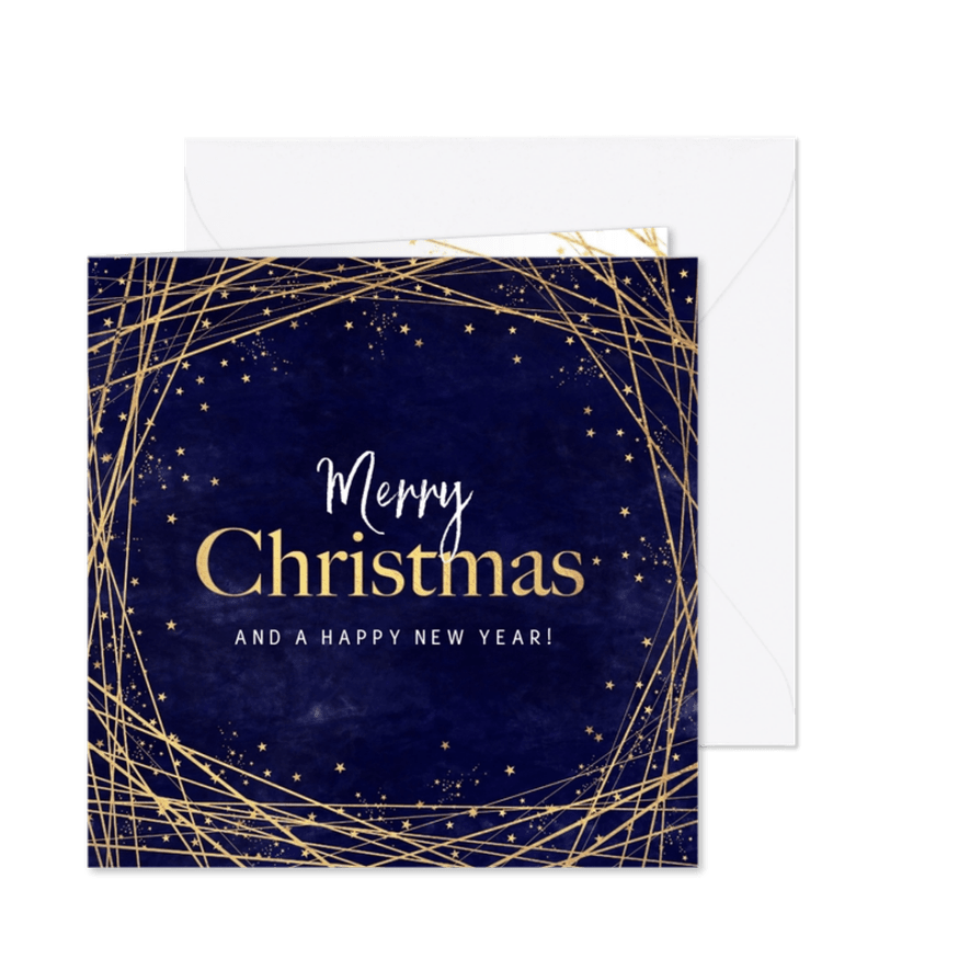 Kerstkaart stijlvol blauw gouden sterren - Kaartimpressie
