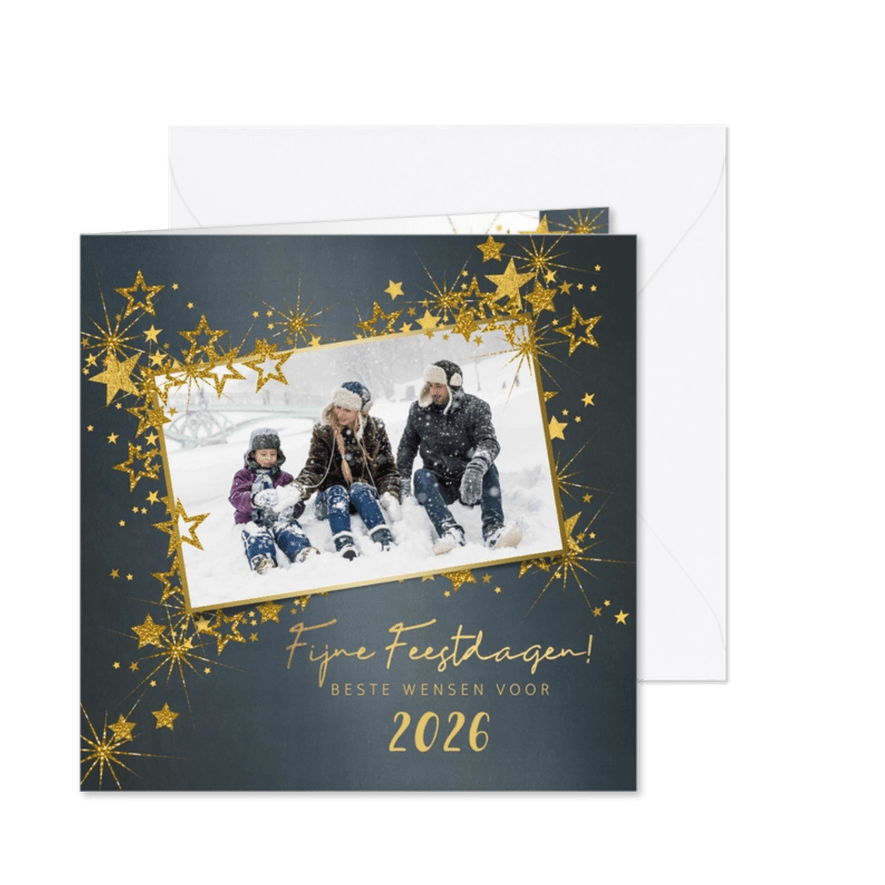 Kerstkaart stijlvol blauw met foto en goud sterren 2026 - Kaartimpressie