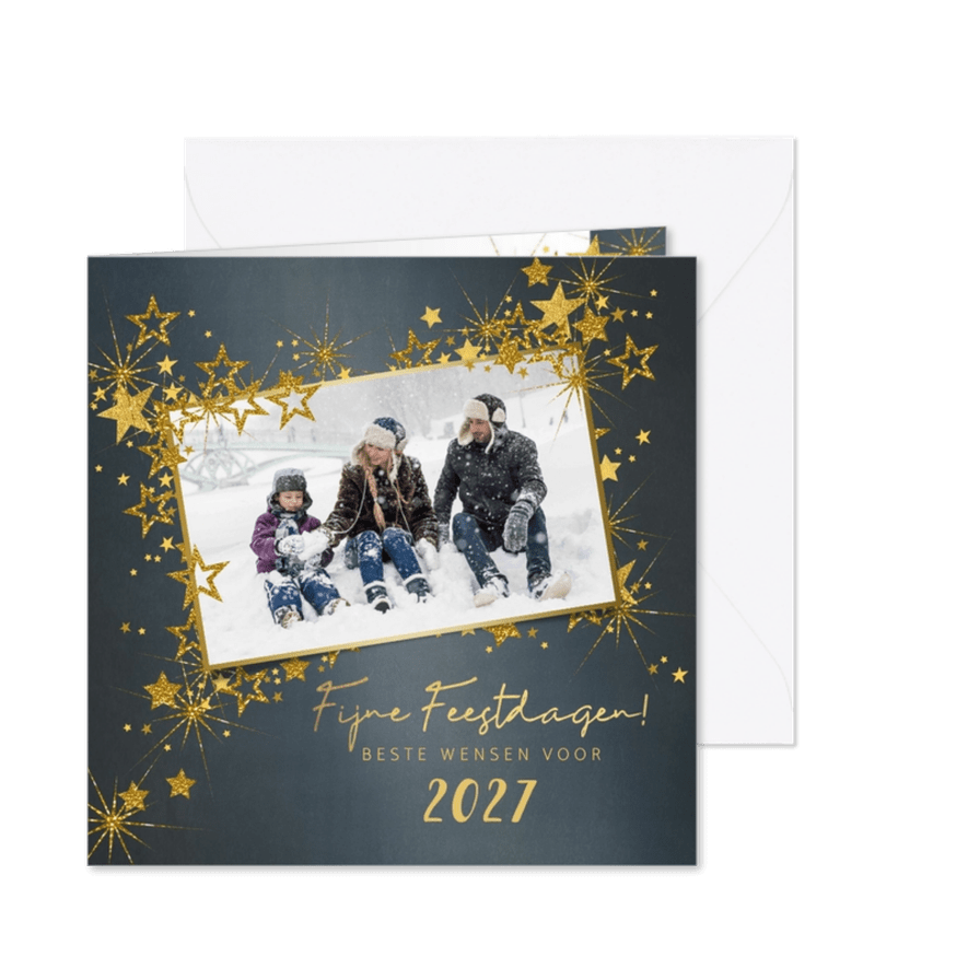 Kerstkaart stijlvol blauw met foto en goud sterren 2027 - Kaartimpressie