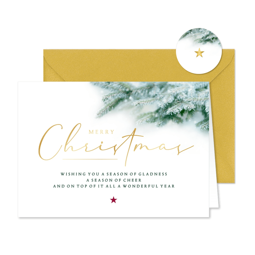 Kerstkaart stijlvol dennentakjes & typografie - Kaartimpressie