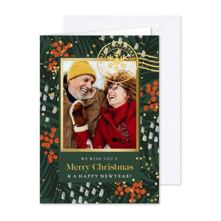 Kerstkaart stijlvol dennentakken foto stempel goud - Kaartimpressie
