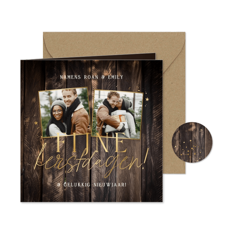 Kerstkaart stijlvol donkere houtlook twee foto's goud - Kaartimpressie