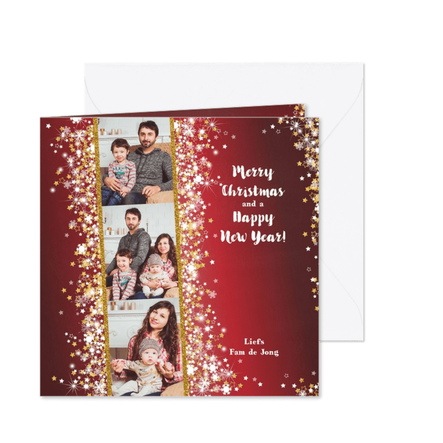 Kerstkaart stijlvol en romantisch rood sterren en sneeuw - Kaartimpressie