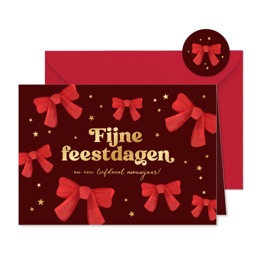 Kerstkaart stijlvol fijne feestdagen sterren strikjes goud - Kaartimpressie