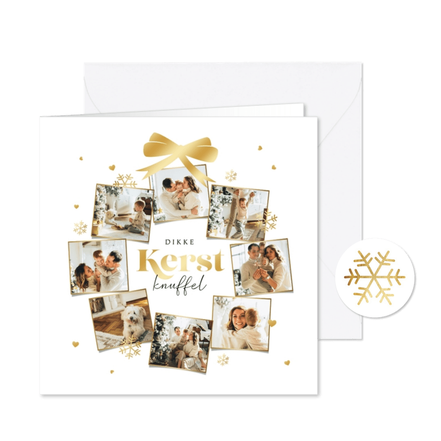 Kerstkaart stijlvol fotocollage hartjes sneeuw kerstbal - Kaartimpressie