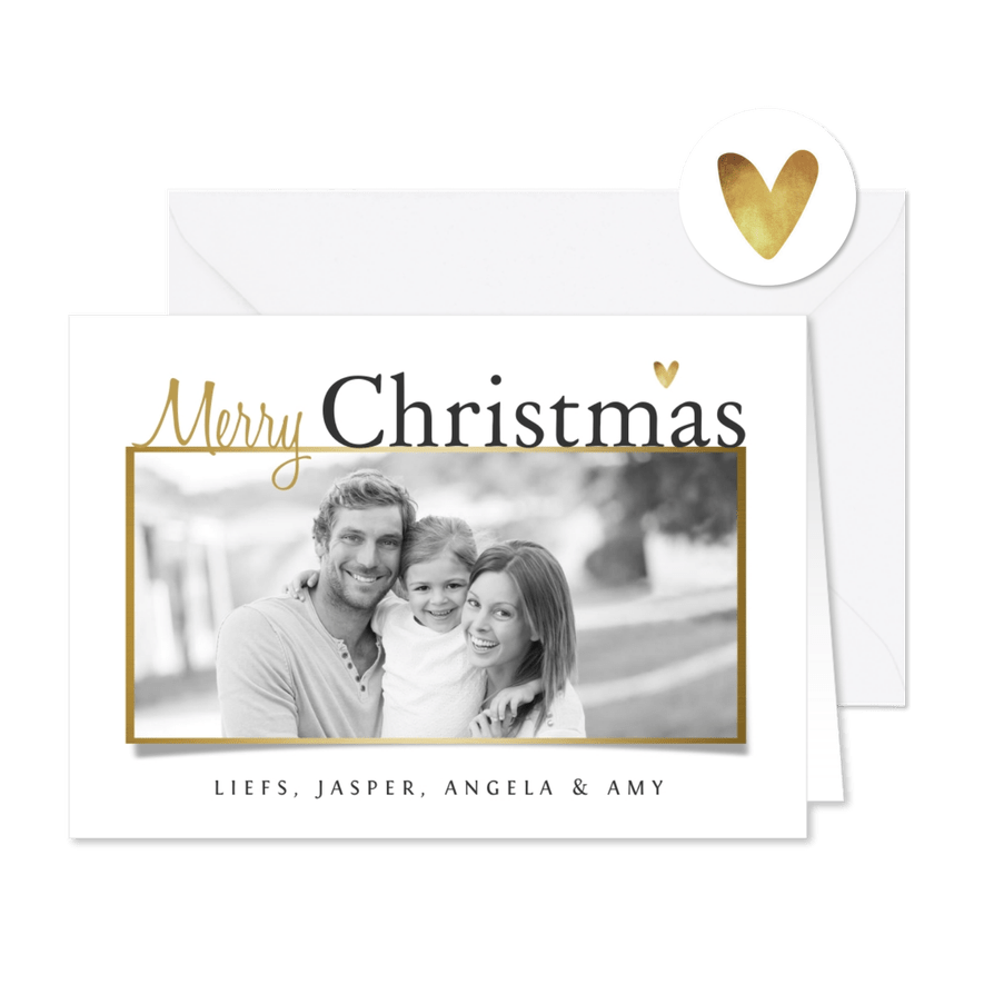 Kerstkaart stijlvol goud foto hartjes wit - Kaartimpressie