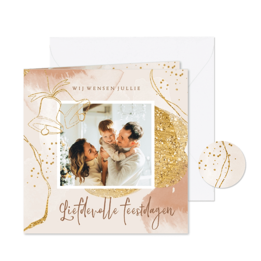 Kerstkaart stijlvol goud waterverf kerstklokjes foto - Kaartimpressie
