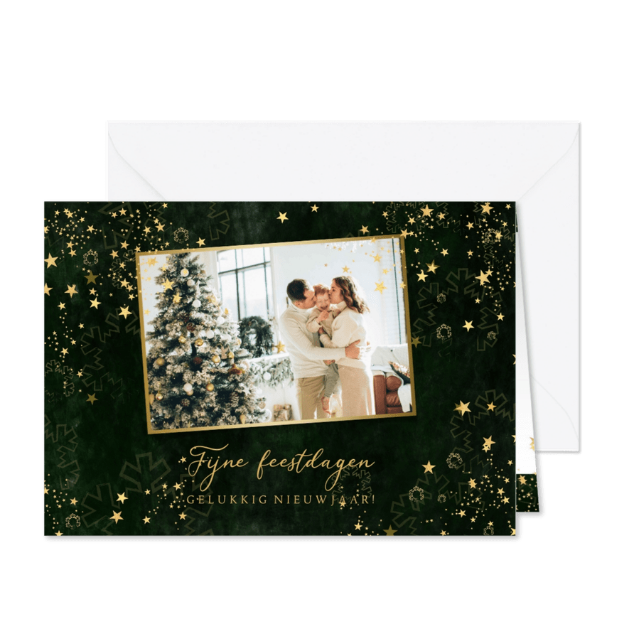 Kerstkaart stijlvol groen gemêleerd gouden sterren en foto - Kaartimpressie