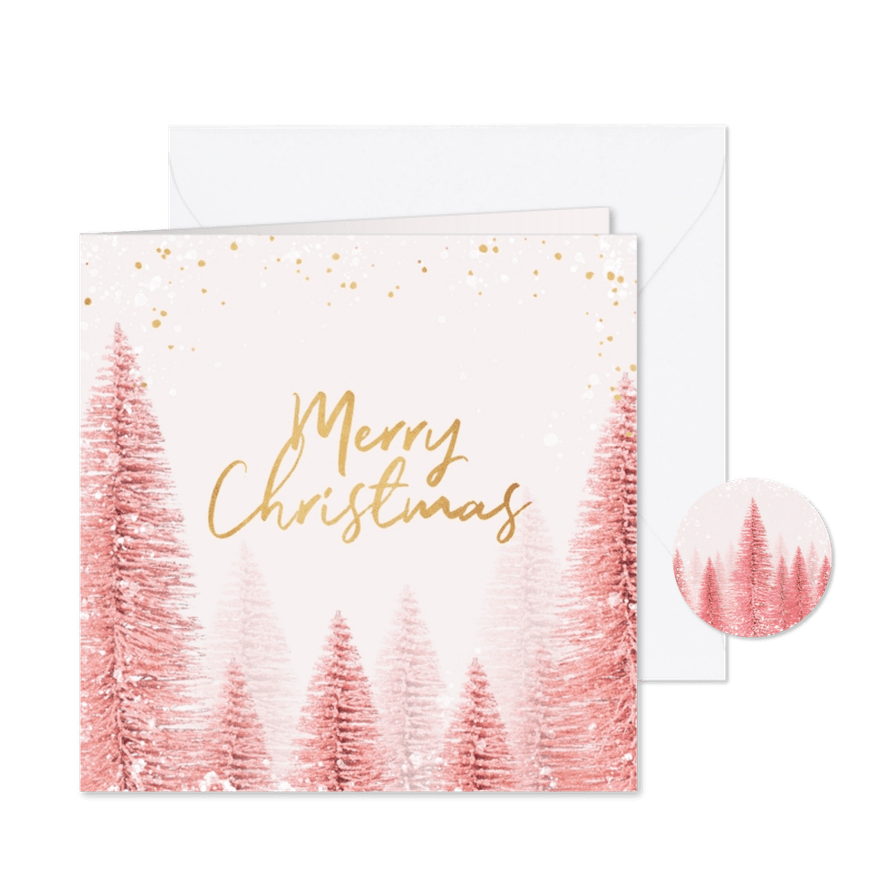 Kerstkaart stijlvol kerstbomen roze goud magisch - Kaartimpressie
