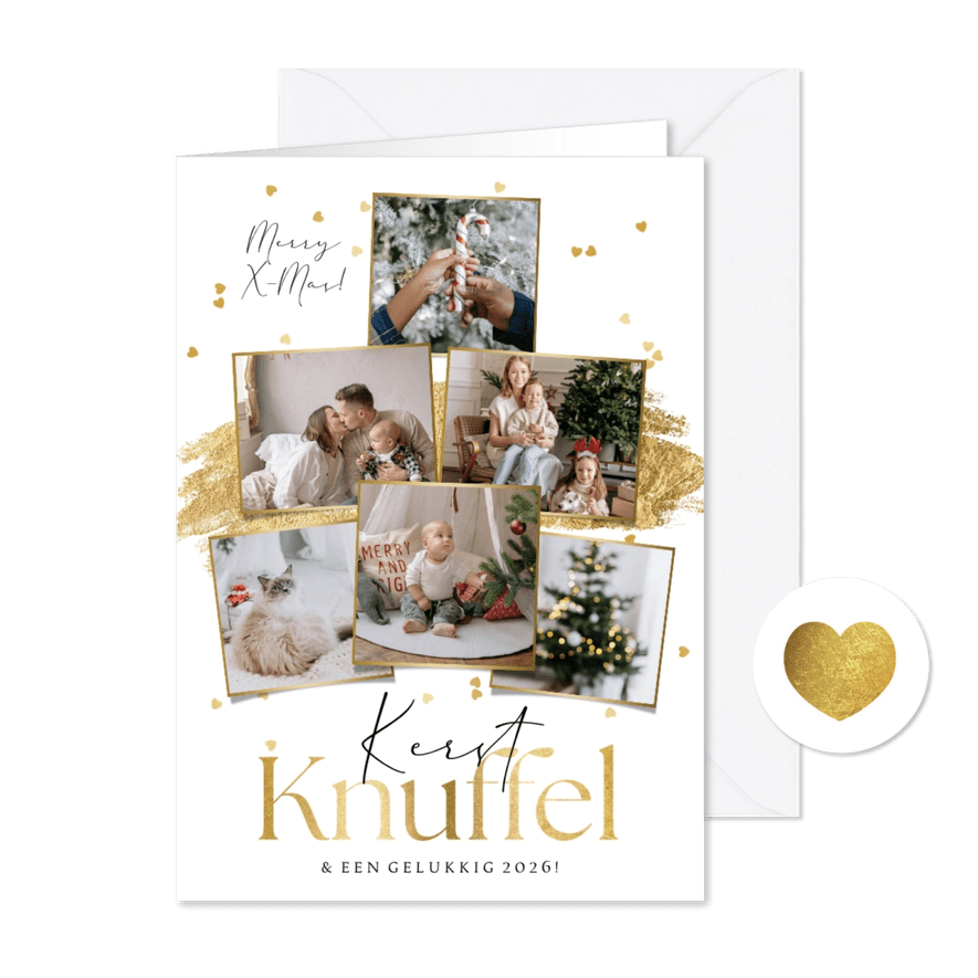 Kerstkaart stijlvol kerstknuffel goud hartjesconfetti - Kaartimpressie