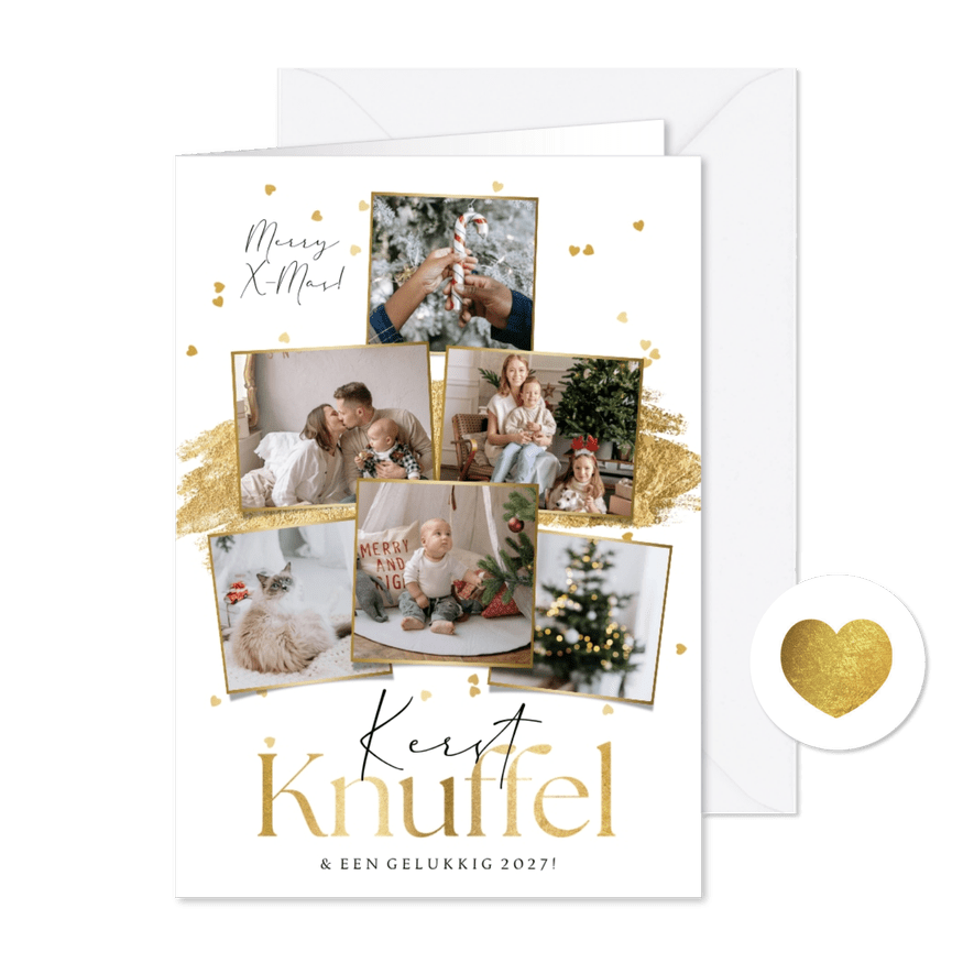 Kerstkaart stijlvol kerstknuffel goud hartjesconfetti - Kaartimpressie