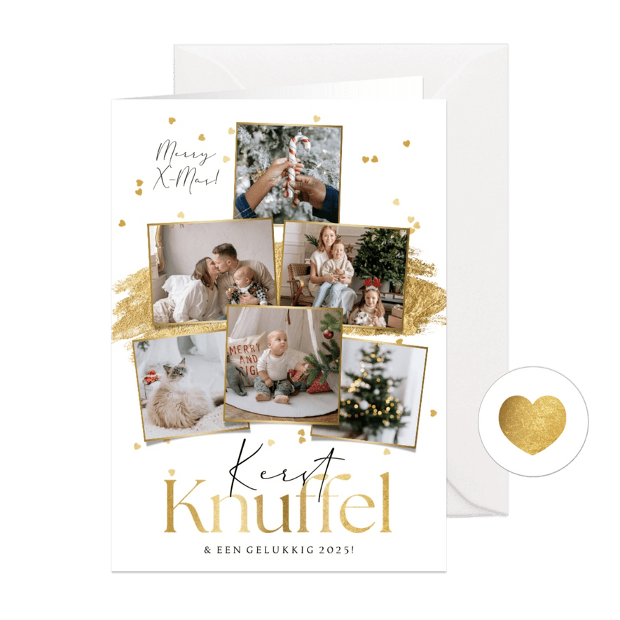 Kerstkaart stijlvol kerstknuffel goud hartjesconfetti - Kaartimpressie