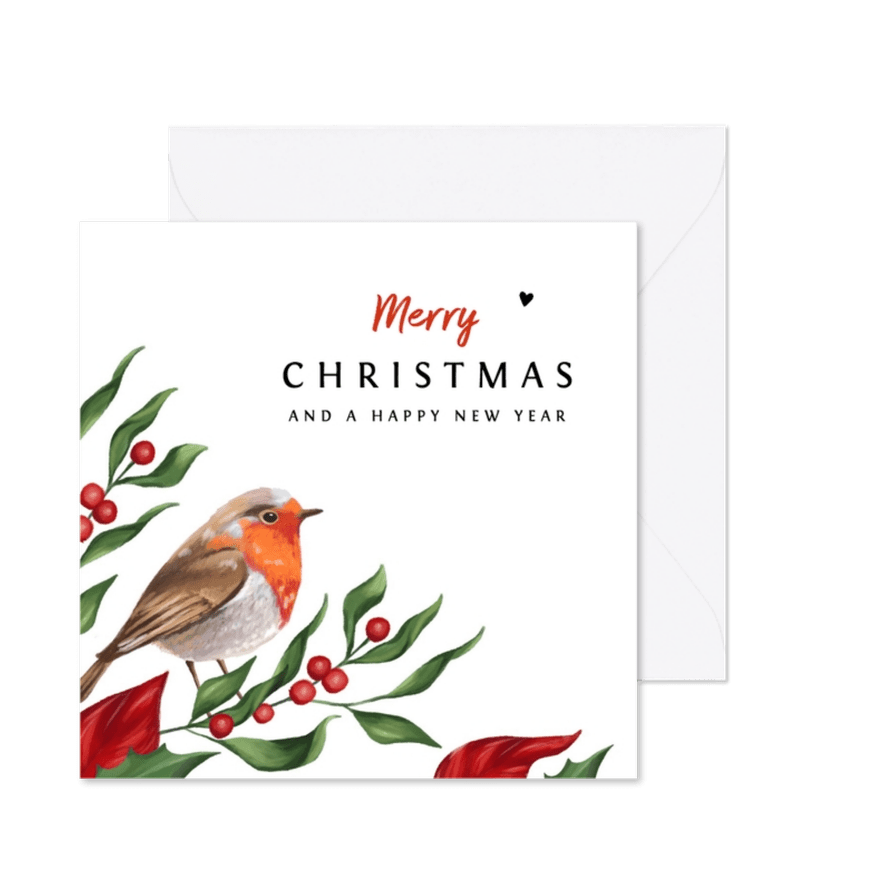 Kerstkaart stijlvol met roodborstje en kersttakjes - Kaartimpressie