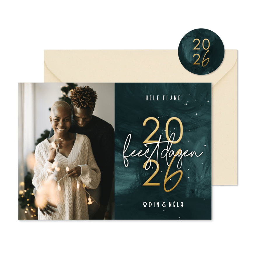 Kerstkaart stijlvol petrol waterverf met goudlook 2026 - Kaartimpressie