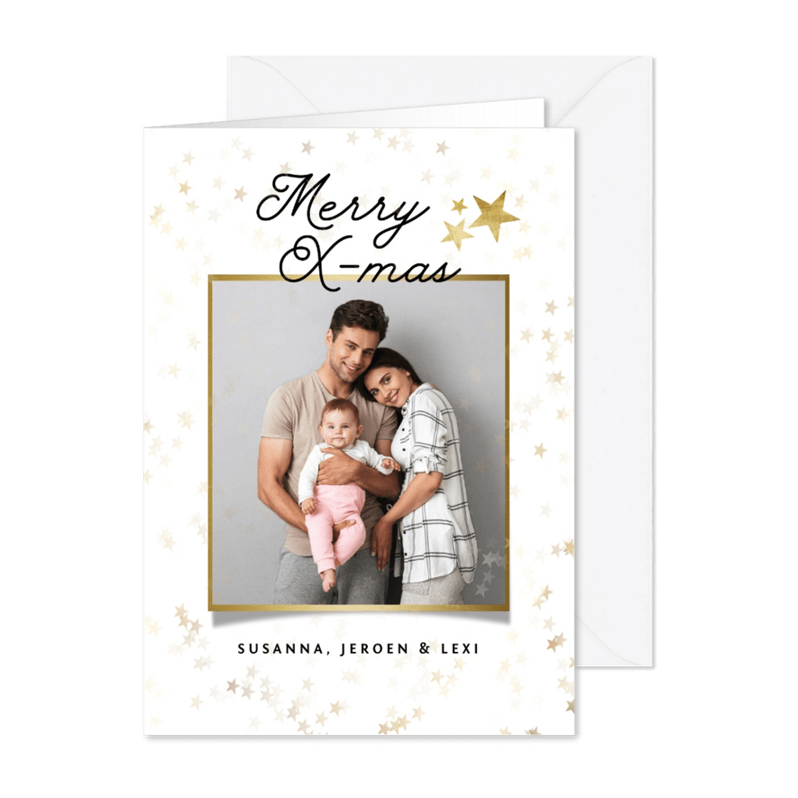 Kerstkaart stijlvol sterren merry christmas foto goud - Kaartimpressie