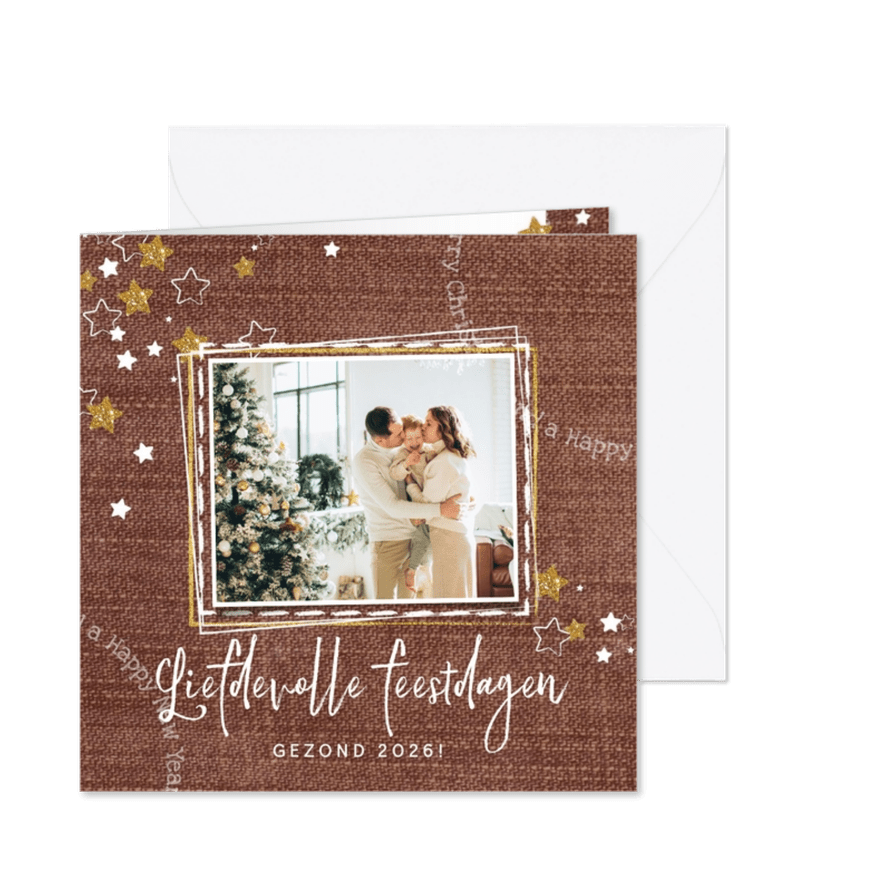 Kerstkaart stijlvol stoere achtergrond, sterren en foto - Kaartimpressie