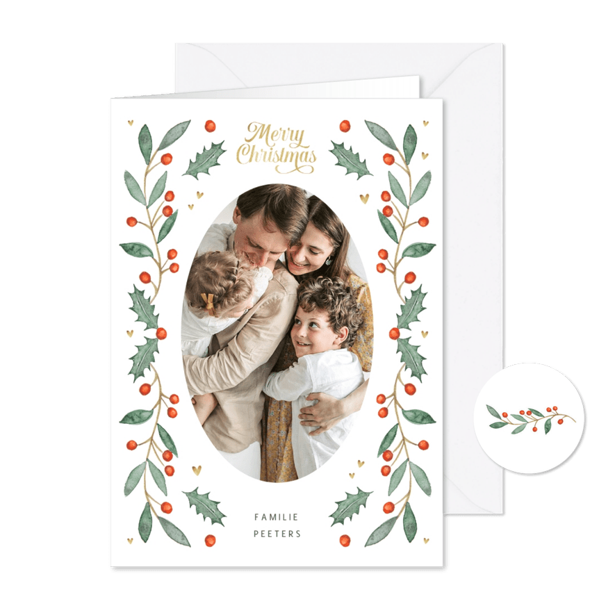 Kerstkaart stijlvol waterverf illustraties foto hartje goud - Kaartimpressie