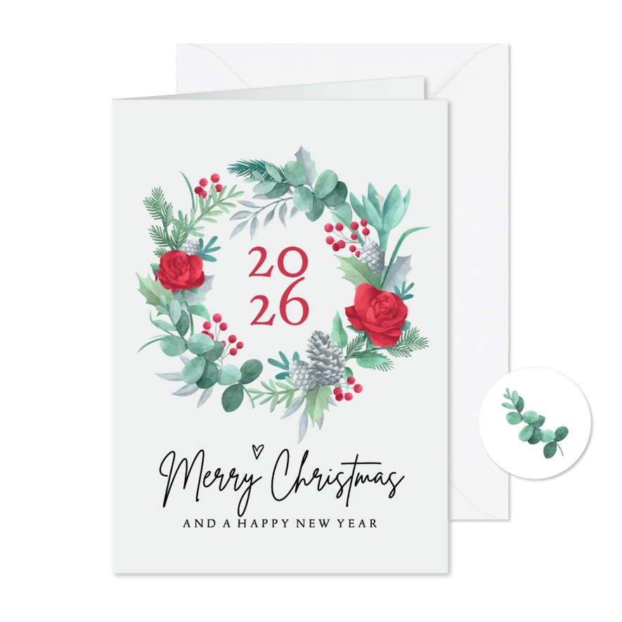 Kerstkaart stijlvol winter botanicals krans rozen eucalyptus - Kaartimpressie